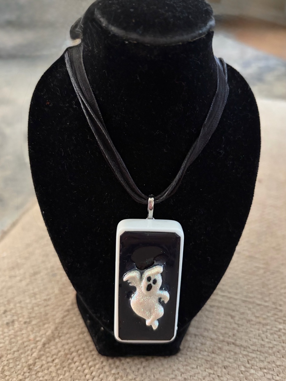 Handmade Black & White Ghost Domino Pendant Necklace